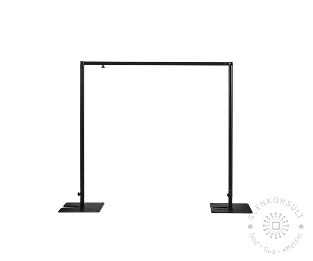 Pipe & Drape startsystem (Wentex) — två teleskopstolpar med horisontell stång och tyngdplattor