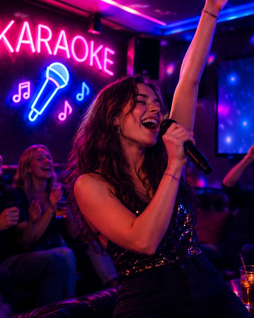 Kvinna sjunger karaoke med mikrofon under neonskylt